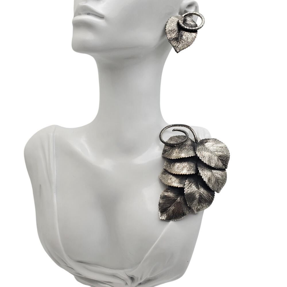 Napier Statement Brooch & Clip Earrings Silver Tone Massive Leaf Cluster MCM Set